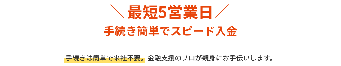 最短5営業日　手続き簡単でスピード入金　手続きは簡単で来社不要。金融支援のプロが親身にお手伝いします。