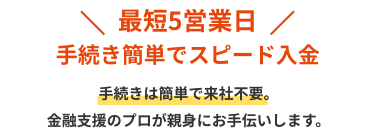 最短5営業日　手続き簡単でスピード入金　手続きは簡単で来社不要。金融支援のプロが親身にお手伝いします。