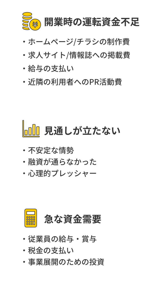 開業時の運転資金不足、見通しが立たない、急な資金需要