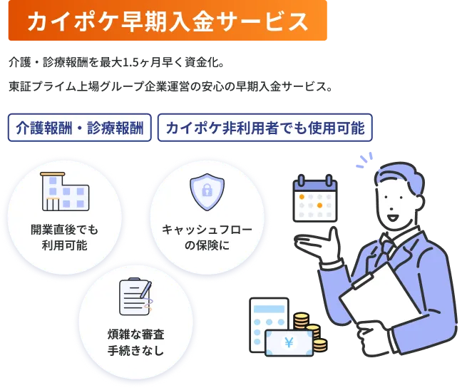 カイポケ早期入金サービス 介護・診療報酬を最大2ヶ月早く資金化。東証プライム上場グループ企業運営の安心の早期入金サービス。
